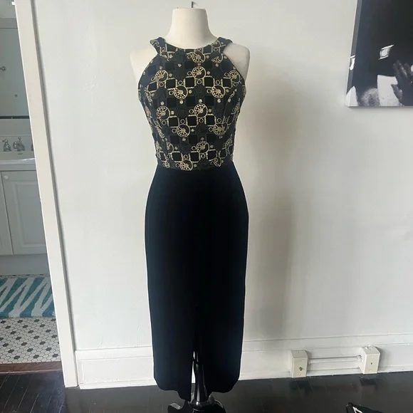 fitted maxi dress formal Lucci Lu 1319 Size 4 Gold Fitted Sequin Sheer Corset Formal Dress Maxi Slit Prom Gown main image 1